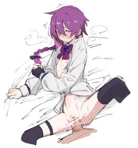 1boy azuma_shino bed_sheet black_bow blouse bow braid bruise censored closed_mouth female flat_chest hairbow heavy_breathing injury long_braid long_hair long_sleeves male nia_(azuma_shino) nipples original purple_bow purple_eyes purple_hair purple_ribbon ribbon sex sheet_grab shirt thighhighs violet_hair white_background white_shirt