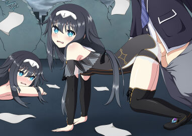 1boy 2d 2girls ass black_hair blue_eyes blush breasts clothed_sex date_a_live female itsuka_shido light-skinned_female light_skin long_hair male nibelcole pussy school_uniform sex small_breasts socks thighs vaginal_penetration vampy_squid