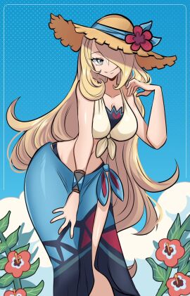 1girls big_hips blonde_hair breasts cleavage cynthia_(pokemon) cynthia_(summer_2025)_(pokemon_masters) female hourglass_figure huge_breasts long_hair missandydandy pokemon pokemon_dppt pokemon_masters skirt sunhat