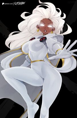 1girls 2d 2d_(artwork) big_breasts big_hair breasts clothed clothing color dark-skinned_female dark_skin female female_focus female_only flying flytrapxx glowing_eyes hi_res large_breasts long_hair looking_at_viewer marvel marvel_comics mutant ororo_munroe powers questionable reaching_out reaching_towards_viewer sfw solo solo_female storm_(x-men) suit superheroine thick_thighs white_eyes white_hair x-men