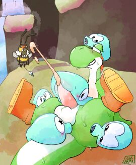 anthro arthropod balls bee blush blush_lines bodily_fluids catjam_(artist) clothing cum female feral footwear footwear_only genital_fluids genitals green_yoshi group honey_bee honeybee_(mario) honeyhive_galaxy hymenopteran insects looking_aside male male/female mario_(series) mostly_nude nintendo penis pussy shocked shoes shoes_only sitting slurple super_mario_galaxy sweat waterfall yoshi