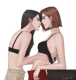 2girls black_hair brown_hair clothed dark_hair eye_contact female female_only jeans kungwanla long_hair looking_at_another looking_at_partner multiple_females multiple_girls original original_character original_characters short_hair undressing undressing_another undressing_partner yuri