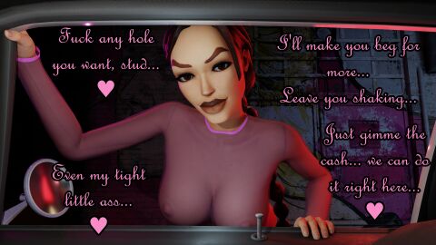 3d 3d_render absurd_res absurdres barely_clothed blender blender_(software) breasts brown_eyes caption dialogue dustedfountain english_text eyeliner female female_focus female_only high_resolution highres hooker lara_croft lara_croft_(classic) leaning_forward leaning_on_car looking_at_viewer makeup outdoors ov pov_eye_contact propositioning prostitute prostitution public see-through_clothing see-through_top sex_worker smiling smiling_at_viewer streetwalker talking_to_viewer teasing thighhighs thong tomb_raider tomb_raider_(classic) tomb_raider_remastered