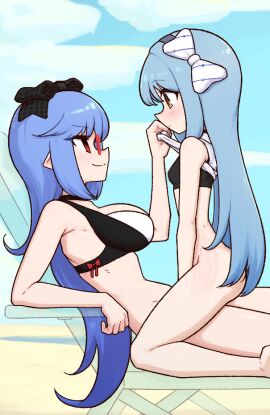 2girls blue_bow blue_hair bottomless bow breasts closed_mouth cowgirl_position erection eye_contact female from_side futa_with_female futanari goddess_of_victory:_nikke hairbow intersex large_breasts liveactors long_hair looking_at_another multiple_females multiple_girls original penis red_eyes sex sky_(nikke) smile straddling x-ray yellow_eyes