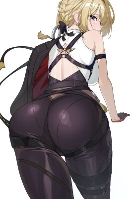 absurdres aiden_(ofsb) arm_strap arm_support ass ass_focus back back_cutout black_gloves black_jacket black_pants blonde_hair braid breasts bun_with_braided_base chest_harness closed_mouth clothing_cutout commentary_request cowboy_shot criss-cross_back-straps earrings evelyn_chevalier female from_behind gloves hair_bun harness high-waist_pants highres jacket jacket_on_shoulders jewelry large_breasts latex_pants leaning_forward looking_at_viewer looking_back mole mole_under_eye pants parted_bangs purple_eyes shirt sidelocks simple_background single_earring single_hair_bun sleeveless sleeveless_shirt solo standing strap thigh_strap tight_clothes tight_pants turning_head two-sided_fabric two-sided_gloves two-sided_jacket white_background white_shirt zenless_zone_zero