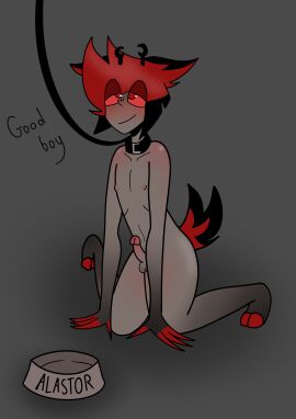 alastor_(hazbin_hotel) animal_ears antlers artist_request collar demon good_boy hazbin_hotel leash male nude penis petplay praise praise_kink praising red_eyes red_hair solo tail