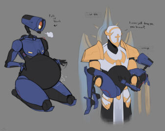 ambiguous_gender arawaffle belly big_belly english_text gabriel_(ultrakill) inflation non-human_only pregnant robot ultrakill v1_(ultrakill)