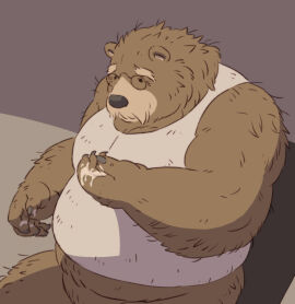 2024 anthro bear belly black_nose bodily_fluids brown_body brown_fur clothing cum cum_on_hand eyewear fur gadoran genital_fluids glasses kemono male mammal overweight overweight_male shirt solo topwear