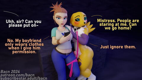 1boy 1girls 2024 3d anthro anthro_male_on_human_female anthro_on_human bacn bandai_namco blush bodily_fluids bottomwear canid canine cellphone clothed clothed/nude clothed_female clothed_female_nude_male clothing collar dialogue digimon digimon_(species) digimon_tamers digiphilia digital_media_(artwork) dominant dominant_female duo electronics english_text erection female female_human female_human/male_anthro femboy femboy_on_female fox genital_fluids genitals hi_res holding_object human leash leashed_collar leashed_male looking_at_viewer male male/female male_anthro male_anthro/female_human male_digimon male_digimon/female_human male_renamon mammal naked nude nude_male open_mouth penis phone precum renamon renamon_(bacn) rika_nonaka simple_background smartphone standing submissive submissive_male tail text topwear white_body yellow_body