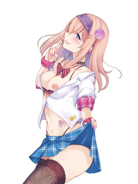 1girls areolae belly_button bimbo bimbofication blonde_hair blue_eyes body_tattoo bow bra bra_down breasts breasts_out choker clothed dyed_hair ear_piercing earrings eyeshadow female female_focus fishnets flower flower_in_hair hairclip headband heart heart-shaped_pupils idolmaster idolmaster_cinderella_girls lifted_by_self nail_polish navel nipples okuri_banto open_clothes painted_nails piercing ribbon sagisawa_fumika scrunchie simple_background skirt skirt_lift skirt_up solo solo_focus tattoo thighhighs thighs