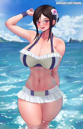 1girls bare_arms bare_legs bare_shoulders bare_thighs big_breasts bikini bikini_bottom bikini_top black_hair blush breasts clothed clothing color dayby female female_focus female_only final_fantasy final_fantasy_vii final_fantasy_vii_rebirth final_fantasy_vii_remake hi_res large_breasts light-skinned_female light_skin long_hair looking_at_viewer red_eyes solo solo_female square_enix swimsuit tagme thick_thighs tifa_lockhart tifa_lockhart_(shining_spirit) water