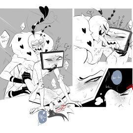 2024 artist_request blush blushing demon demon_boy demon_humanoid english_text gay glasses hazbin_hotel humanoid making_out male moth pierced_nipples piercing piercings sharp_claws sharp_teeth sweat sweating tongue tongue_out train_position tv_head valentino_(hazbin_hotel) vox's_assistant_(hazbin_hotel) vox_(hazbin_hotel)