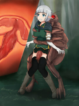 1girls arm_grab black_legwear black_thighhighs blue_eyes blush boots brown_boots censored cervical_penetration cervix clothed_sex clothing cross_section elbow_gloves elf female from_behind gloves green_skirt insectophilia insects interspecies knees_together_feet_apart legs_together male monster original outdoors outside ovipositor penetration penis pointy_ears pussy restrained shirt short_hair skirt skirt_lift standing thighhighs uterus vaginal_penetration white_hair wide_eyed worried yakuto007