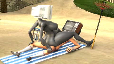 3d android ass beach big_ass big_breasts breasts cowgirl_position female grey_skin nude nude_female robot_humanoid scout_(team_fortress_2) team_fortress_2 thick_thighs tv_head