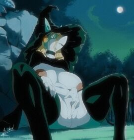 absurd_res anthro areola biped black_clothing blulesnsfw breasts clothed clothing detailed_background female fingering fingering_self genitals hat headgear headwear hi_res ippan_josei legwear masturbation moon my_hero_academia nipples outside pupils scalie solo spread_legs spreading thick_thighs thigh_highs vaginal_penetration vulva witch_hat