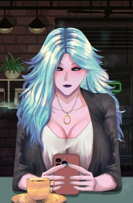 1girls absurd_res absurd_resolution absurdres alternate_version_available bedroom_eyes big_breasts black_clothing black_sclera black_shirt blue_hair blush blush_lines blushing_at_viewer breast_focus breasts breasts_focus busty cleavage coffee coffee_shop coffee_talk curvaceous curvy curvy_female curvy_figure date date_pov eye_contact female female_focus female_only glistening glistening_body glistening_breasts glistening_skin half-closed_eyes hi_res high_resolution highres holding_object holding_phone huge_breasts jewelry kanzatitties large_breasts light-skinned_female light_skin lipstick long_hair looking_at_viewer multicolored_hair narrowed_eyes necklace pov pov_eye_contact purple_lipstick riona_sheerin_(coffee_talk) shiny shiny_breasts shiny_skin solo solo_female solo_focus table tagme two-tone_hair voluptuous voluptuous_female