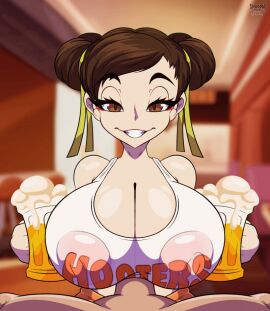 1girls alcohol animated areolae beer big_breasts blush bouncing_breasts breasts brown_hair chun-li female gif holding_beverage hooters hooters_uniform huge_breasts huge_nipples large_areolae light-skinned_female light_skin male nipples paizuri penis pov puffy_nipples see-through sex shadowthespirit smiling smiling_at_viewer street_fighter tight_clothing titjob voluptuous voluptuous_female