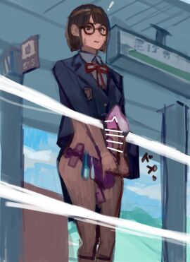 bag coat condom cum erection filled_condom glasses kmaro male panties penis school_uniform short_hair skirt x-ray