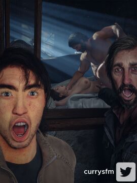 1girls 3boys 3d currysfm ellie_(the_last_of_us) ellie_williams female funny human jesse_(the_last_of_us) joel_miller light-skinned_female light-skinned_male light_skin male male_focus meme multiple_boys multiple_males pointing_soyjak sex the_last_of_us the_last_of_us_2 voyeur_pov voyeurism watching