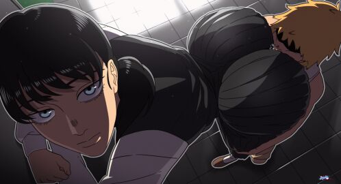 1boy animated ass big_ass black_hair chainsaw_man curvy_female curvy_figure d-art denji_(chainsaw_man) eating_ass female looking_at_viewer male mitaka_asa