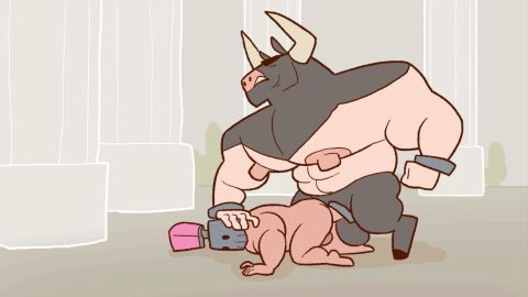 anal anal_sex animated ass balls boner bunbunny_(artist) cum cum_expulsion cum_in_ass cum_inside erection excessive_cum fucked_from_behind gay gif held_down helmet helmet_only interspecies male male_only minotaur naked naked_male nude penis sex smallsrabbit thrusting_into_ass