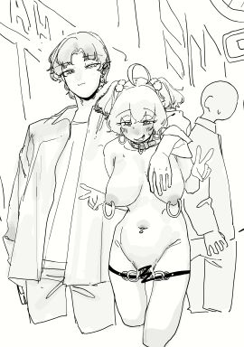 1girls akane_(mattsuu) akane_(まっつー) bystander censored choker earrings exhibitionism female female_only grey_hair huge_nipple_rings ijnacrj japanese_text mattsuu nipple_rings nude pierced_nipples public public_nudity pussy pussy_piercing pussy_ring pussy_spreader spreader_straps tagme translation_request twintails まっつー