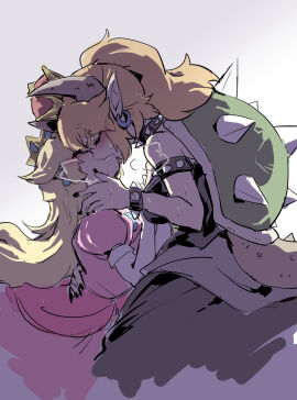 2girls arm_around_waist armlet bare_shoulders black_dress black_nails blonde_hair blush borrowed_design bowsette bracelet breasts closed_eyes collar commentary_request crown dress earrings female female_only french_kiss from_side highres holding_person horns jewelry kissing large_breasts mario_(series) multiple_females multiple_girls nail_polish nejikyuu new_super_mario_bros._u_deluxe nintendo pink_dress pointy_ears ponytail princess_peach puffy_short_sleeves puffy_sleeves saliva saliva_trail short_sleeves spiked_bracelet spiked_collar spikes strapless strapless_dress super_crown sweat tail turtle_shell wholesome yuri