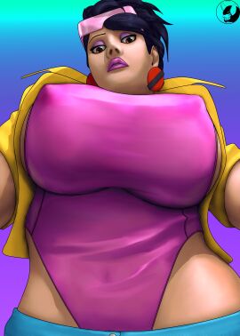 2d asian asian_female big_breasts black_hair blindanubis breasts brown_eyes busty earrings erect_nipples eyeshadow female female_focus female_only hourglass_figure jacket jubilation_lee jubilee large_breasts leotard lipstick looking_at_viewer low-angle_view makeup marvel marvel_comics mascara navel nipple_bulge nipples pants short_hair sleeves_rolled_up tagme tomboy wide_hips x-men