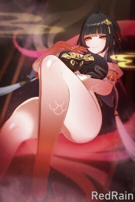 big_breasts bottomless breasts brown_hair female honkai:_star_rail lingsha_(honkai:_star_rail) red_eyes redrainsfm thighs