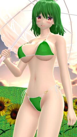 1girls 2023 3d belly_button bikini blush breasts clavicle cleavage clouds female flowers green-haired_female green_bikini hati_yukkuri_mmd hips holding_object light-skinned_female light_skin looking_at_viewer midriff mmd one_arm_up open_mouth outdoors parasol red_eyes short-haired_female sky solo_female solo_focus sun sunflowers sunset swimsuit touhou uncanny_valley waist youkai yuuka_kazami