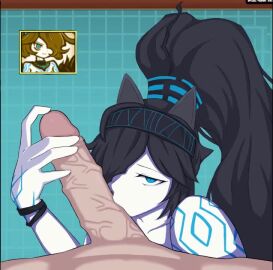 2d animated black_hair blue_eyes cat_ears cock_worship cum cumshot female female_focus kasli_the_bane licking_penis long_hair looking_at_viewer pale-skinned_female ponytail sound tagme the_battle_cats uncensored video