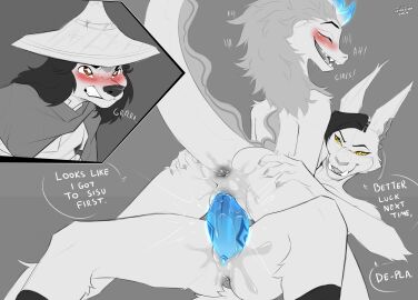 2023 4_fingers amazinggwen angry anthro anthrofied anus aquatic_dragon ass ass_grab blush bodily_fluids brown_eyes butt_grab canid canine claws clothing cuckquean dialogue digital_drawing_(artwork) digital_media_(artwork) dildo disney dragon eastern_dragon english_text felid feline female female/female fingers genital_fluids genitals group hair hand_on_ass hand_on_butt hi_res horn humiliation infidelity long_hair long_tail looking_pleasured mammal marine mythological_creature mythological_scalie mythology namaari namaari_(ratld) penetration pussy raya_(ratld) raya_and_the_last_dragon rivalry scalie sex_toy sharing_dildo sharing_sex_toy simple_background sisu_(ratld) smile speech_bubble tail text trio vaginal_fluids vaginal_penetration yellow_eyes