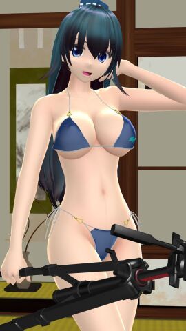 1girls 2023 3d belly_button bikini blue-haired_female blue_eyes breasts cleavage dark_blue_bikini female hand_on_hair hat hati_yukkuri_mmd hips holding_object iizunamaru_megumu indoors light-skinned_female light_skin long-haired_female looking_at_viewer mmd one_arm_up open_mouth solo_female solo_focus swimsuit tengu tokin_hat touhou tripod waist youkai