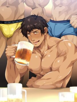 3boys abs arm_on_table awkward bara beefy beer beer_mug biceps big_areola blush boxers briefs broad_shoulders brown_hair bulge bulge_through_clothing clenched_hand collarbone daddy dilf embarrassed frown gay hand_on_waist hi_res holding_beer holding_mug holding_object hunk looking_at_viewer male male_only manly mature_male murakami_tarosu muscles muscular muscular_arms muscular_male navel original original_character pecs short_hair simple_background sitting six_pack standing surrounded sweat sweatdrop thick_neck thisarmor topless tough_guy triceps underwear_only veiny_arms yaoi yellow_eyes