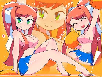 1girls accessory areola areolae arm_up artist_name big_breasts bottomwear braless breasts brown_hair busty cheerleader cheerleader_outfit cheerleader_uniform closed_eyes clothed clothing doki_doki_literature_club feet female green_eyes hair_accessory hair_bow hair_ornament hairbow heart large_breasts light-skinned_female light_skin long_hair looking_at_viewer monika_(doki_doki_literature_club) navel nipples no_sex open-mouth_smile open_mouth open_smile partially_clothed partially_clothed_female pom_poms ponytail shirtless sitting skirt smile smiling smiling_at_viewer solo solo_female solo_focus spoken_heart thick_thighs thighs tied_hair tony_welt topless topless_female uncensored uncensored_nipples white_bow
