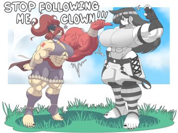 abs angry barefoot barefoot_on_grass big_breasts black_hair breast_outline breasts demon demon_girl demon_horns dialogue female female_focus female_only larger_female magima_(tag-a-long) marie_(tag-a-long) masked masked_female mime mime_girl mouthless mouthless_female muscle_growth muscles muscular muscular_arms muscular_female muscular_legs muscular_thighs noseless original original_art original_artwork size_difference size_transformation smaller_female tag-a-long transformation veins white-skinned_female white_body white_skin white_skinned_female yelling_at_another