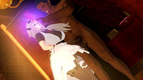 1boy 1girls arknights black_horns blonde_hair blush bodystocking brainwashing breasts cyan_eyes erection female flowers hands_on_penis highres horns hypnosis koikatsu large_breasts light-skinned_female light_skin long_hair male mind_control nose pantyhose penis reed_(arknights) sidelocks sisters standing