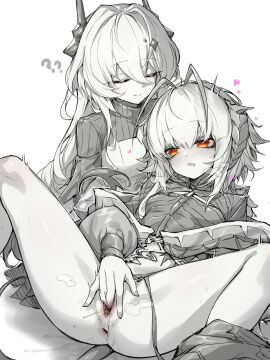 2girls ? ?? absurdres antenna_hair anus arknights bottomless closed_eyes closed_mouth dress female female_masturbation fingering fingering_partner hair_between_eyes heart highres horns kupa_(jesterwii) long_sleeves lying masturbation multiple_females multiple_girls on_back open_mouth pussy red_eyes simple_background smile spot_color spread_legs tail theresa_(arknights) uncensored vaginal_penetration w_(arknights) white_background wisadel_(arknights) yellow_eyes