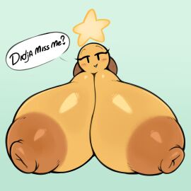 ball_with_boobs ball_with_hyper_features bedroom_eyes blush breasts breasts_bigger_than_head female female_only floating hanging_breasts huge_areolae huge_breasts huge_nipples hyper hyper_breasts mario_(series) mario_and_luigi_(series) nintendo nude puffy_areola shiny_breasts smug starlow teasing virito waddling_head yellow_body yellow_nipples