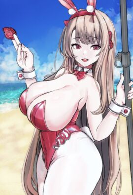 1girls beach blunt_bangs bowtie breasts brown_hair bunny_ears bunnysuit cleavage condom_wrapper cowboy_shot detached_collar fake_animal_ears female goddess_of_destruction goddess_of_victory:_nikke hair_ornament headwear holding_condom holding_object huge_breasts leotard light-skinned_female light_skin long_hair lowres mole mole_under_eye official_alternate_costume parted_lips pink_leotard playboy_bunny pole seaside shironoharuka sky teeth unopened_condom_wrapper viper_(nikke) viper_(toxic_rabbit)_(nikke) wrist_cuffs