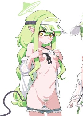 1girls :< alternate_costume bikini bikini_top_only blue_archive blush bra bra_lift breasts clothes_pull colored_pubic_hair commentary_request dark_nipples demon_tail denim denim_shorts earrings female female_only female_pubic_hair green_hair green_halo green_pubic_hair halo hat highres hikari_(blue_archive) jewelry large_areolae long_hair looking_at_viewer nipples orange_eyes paint_chat_(medium) pointy_ears pout pubic_hair puffy_nipples pussy pussy_juice pussy_juice_string pussy_juice_trail shirt shorts shorts_pull small_breasts solo stomach swimsuit tail tomi8tky underwear