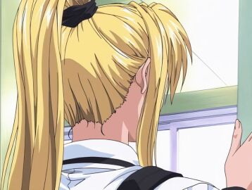 00s 1girls 2001 animated bible_black bible_black_night_of_the_walpulgiss blonde_hair classroom female female_focus high_ponytail ponytail purple_eyes saeki_kaori school_uniform shirt solo tagme white_shirt