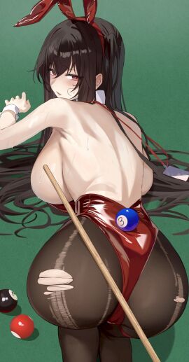 ass azur_lane bare_back bare_shoulders big_ass big_breasts big_butt billiard_ball billiard_cue billiard_table black_hair blush breasts bunny_ears bunnysuit female large_ass large_breasts looking_at_viewer looking_back naig_(naiji) red_eyes ripped_clothing ripped_tights sweat sweatdrop sweating sweaty taihou_(azur_lane) taihou_(fun_on_the_baize)_(azur_lane) tights