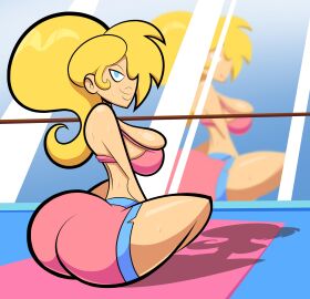 1girls 2019 ass big_ass big_breasts blonde_hair blue_eyes breasts cute female looking_at_viewer marina_williams mirror oboithisisfunky original_character pink_shorts pink_tank_top ponytail shorts solo sweat sweatdrop tagme tank_top tied_hair