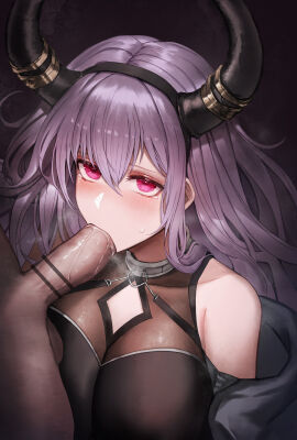 1boy 1girls absurdres arknights bar_censor black_hairband breasts censored dark-skinned_male dark_skin fellatio female hairband highres horns large_breasts light-skinned_female light_skin long_hair male onedr oral out_of_frame penis pointless_censoring purple_eyes purple_hair saliva_on_penis tears typhon_(arknights)