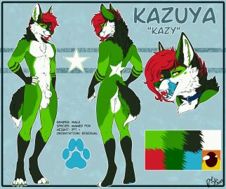 absurd_res animal_genitalia back_markings blue_tongue canid canine fox front_view fully_sheathed fur genitals green_body green_fur hair hi_res looking_at_viewer mammal maned_fox markings multicolored_body multicolored_fur red_hair reference_image rika_(artist) sheath tagme tongue