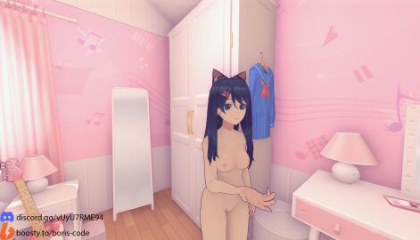 3d blue_hat blush breasts cat_ears cat_girl cat_tail catgirl female full_body gloves hat highres kind_mita_(miside) large_breasts long_hair miside mita_(miside) mod neko nude purple_hair smile tagme teeth thick_thighs very_long_hair