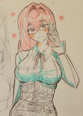 1girls blush breasts female glasses gloves large_breasts long_hair pink_hair sketch solo tagme tsukishiro_yanagi zenless_zone_zero