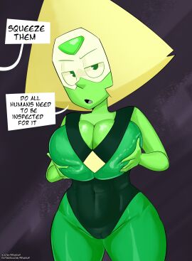 1girls big_breasts breast_squeeze breasts busty dialogue female gem_(species) green_skin huge_breasts large_breasts peridot_(steven_universe) shortstack spakka5 steven_universe text thick_thighs tricked wide_hips