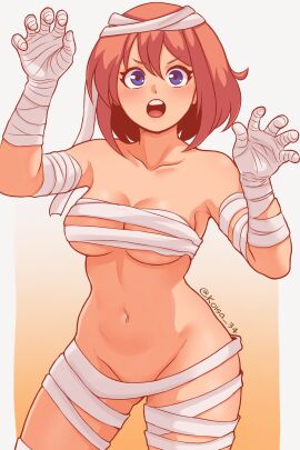 blue_eyes breasts doki_doki_literature_club female female_only koisa_34 mummy mummy_costume mummy_girl mummy_wrappings open_mouth sayori_(doki_doki_literature_club) solo